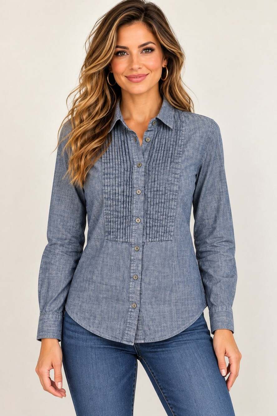 Banana Republic XS Blue Chambray Shirt Pintuck Pleated Button Down Cotton preppy